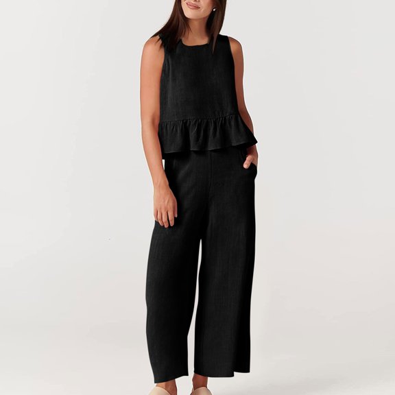 Karymi Womens Tops 2 Piece Outfit, Round Neck Sleeveless Ruffle Hem Crop Tank Top & High Waist Wide Leg Cropped Pants, Solid Casual Set Shirts for Women