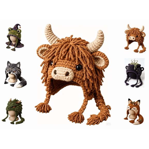 Fantasy Hood Hat DIY Crochet Kit Series, Complete Crochet Set with Premium Yarn & Ergonomic Hooks, Easy Fantasy Hood Craft for Beginners (Highland Cow)