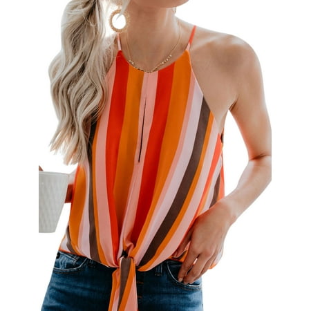 Knot Front Tank - STARVNC Women Halter Neck Cutout Stripe Front Knot Casual Chiffon Tank Shirt