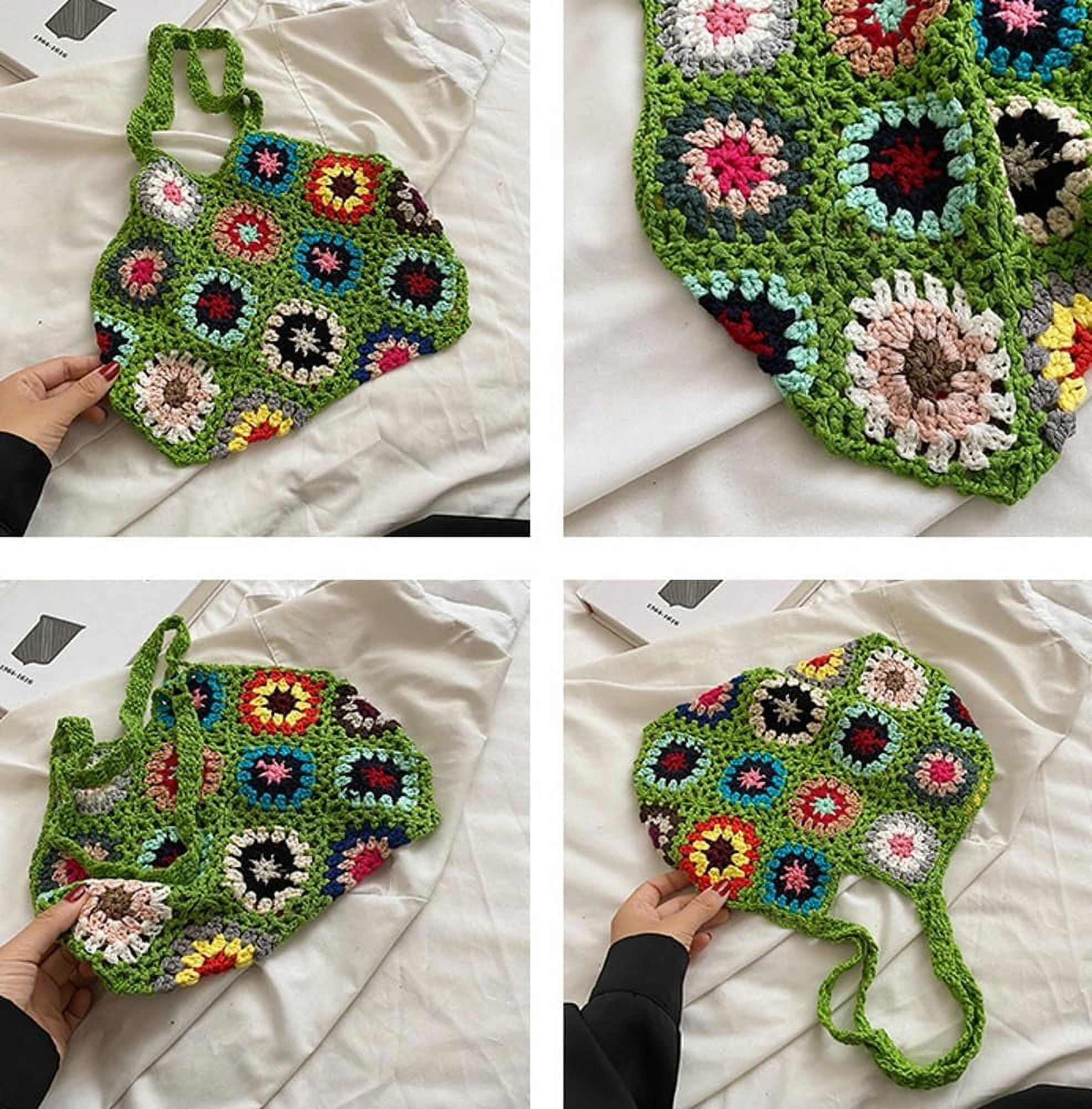 Kukuzhu Cute Floral Knitted Shoulder Bag Women Aesthetic Fairy Y2k Hobo Bag Crochet Small Hand Woven Beach Mesh Tote Purse
