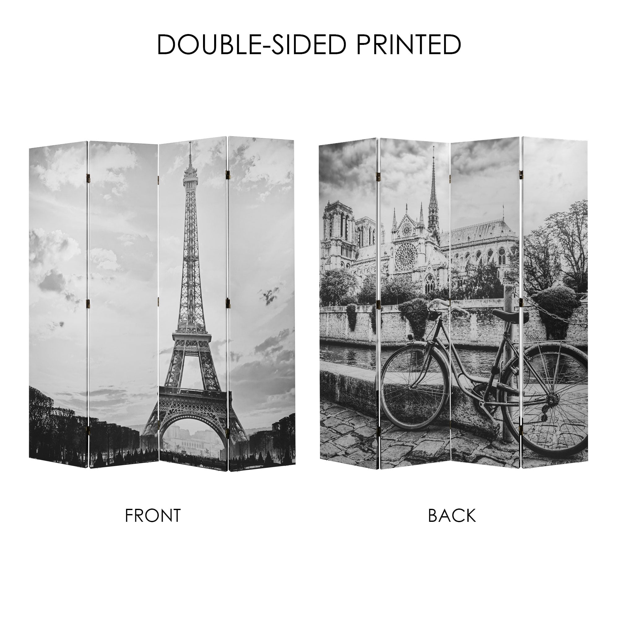 American Art Decor Double-Sided Eiffel Tower & Notre Dame Bike Black & White Canvas Room Divider Privacy Screen, 4 Panels, 70" H x 63" L x 1" D