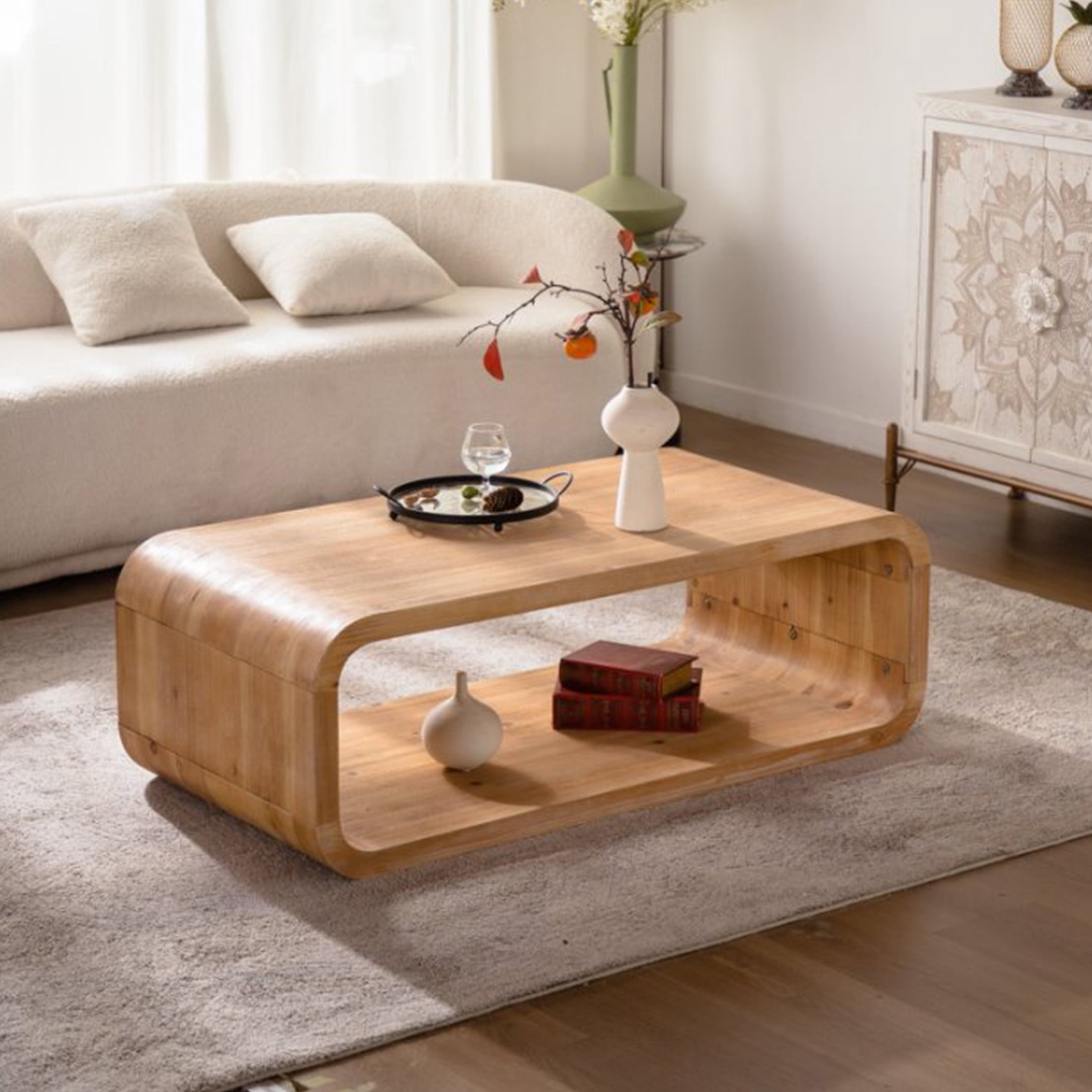 Noble House Dyani 47" Elegant Curved Coffee Table with Open Storage Shelf, for Contemporary Living Room, Natural Wood