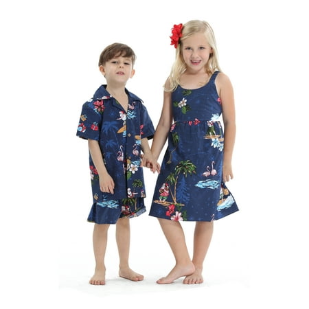 Matching Siblings Boy Girl Hawaiian Luau Outfit Christmas Girl Dress Boy Shirt Shorts Navy Santa Flamingo