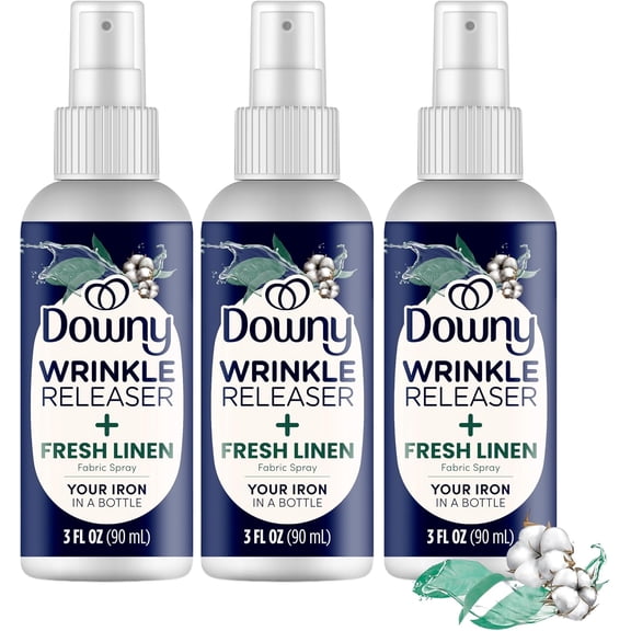 Downy Wrinkle Release Spray, Travel Size Spray, All In One Formula, Removes Wrinkles, Static and Odor Eliminator, Crisp Linen Scent, 3 Fl Oz, Pack of 3