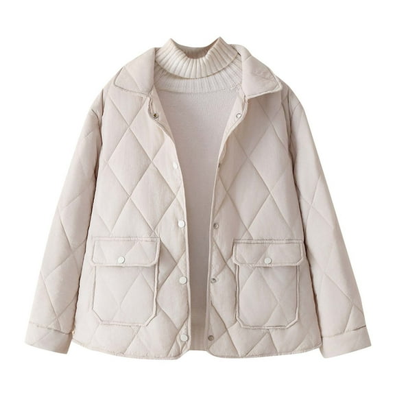 Olyvenn Women's Lapel Winter Quilted Puffer Jacket, Button Up Casual Warm Padded Down Coats Insulated Outerwear with Pockets Beige XXXXL