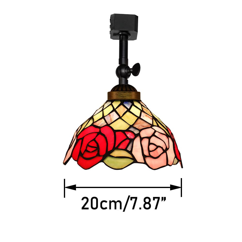 KAYYELAMP 3-Pack J-Type Track Head Lighting Adjustable Angle Tiffany Ceiling Light Red/Pink Rose Pattern Glass Shade Handmade Track Light Fixture For Gallery Mirror Front
