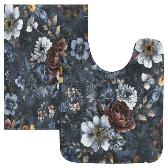 2 Piece Soft Bathroom Rug Set Blue Peonies Bath Mat and U-Shaped Toilet Contour Rug (16"x24" 20"x24")