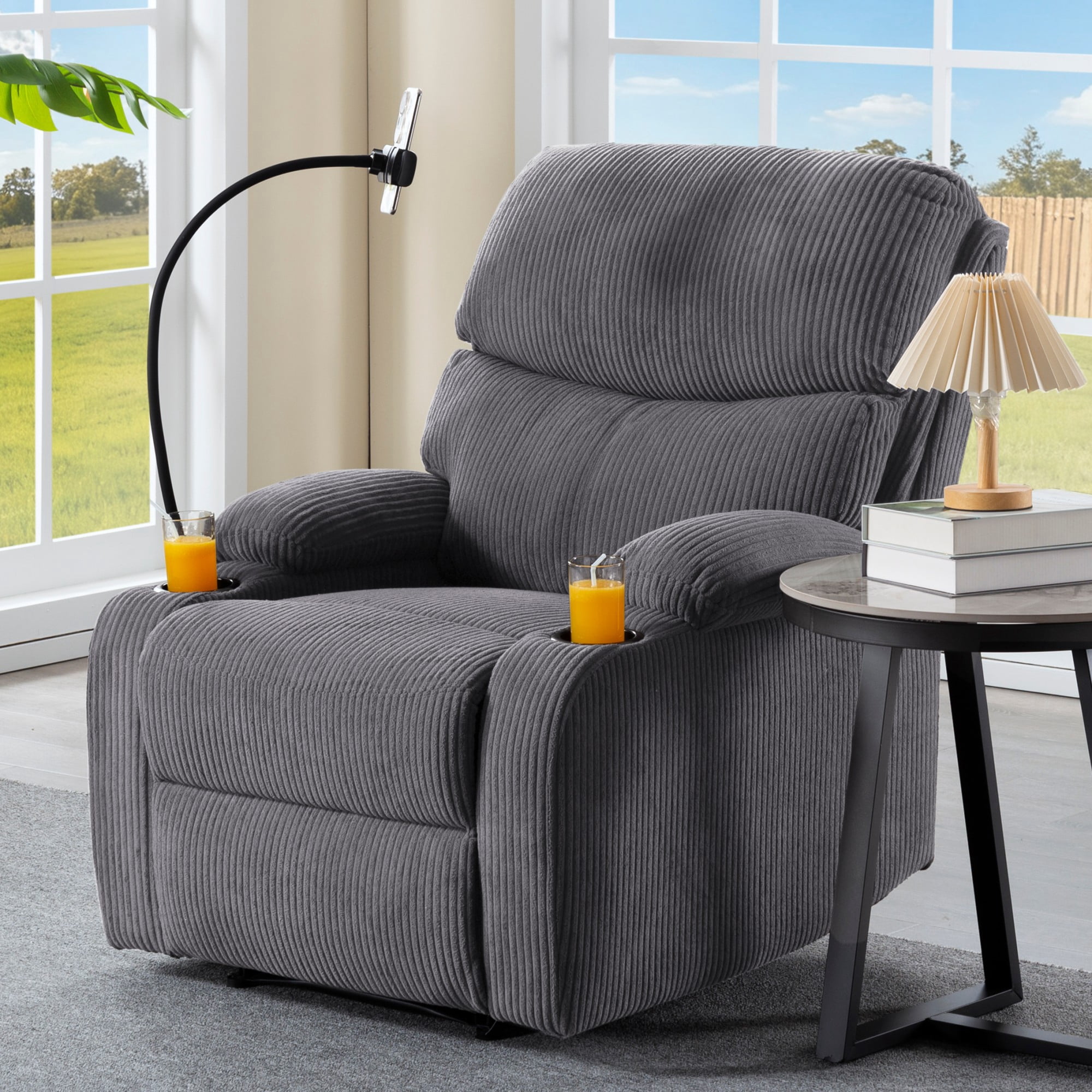 Gewnee Light Grey Corduroy Manual Push Back Recliner Chair,Recliner Armchair with Phone Holder & Cup Holders,Single Sofa for Home,Office.