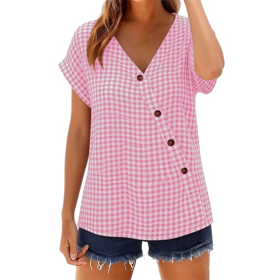 GUACER Gingham Button-Down Blouse for Women V Neck Asymmetrical Wrap Short Sleeve Tops Casual Loose Plaid Shirts