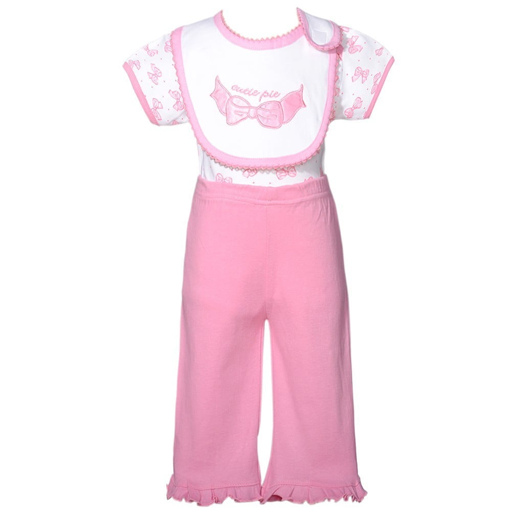 Mon Cheri White Pink Cutie Pie Bow 3 Pc Layette Bib Set Baby Girl 0-3M by Consolidated Clothiers
