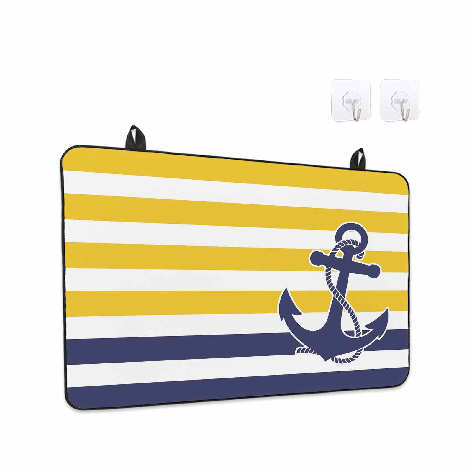 Yellow Striped Stove Top Cover for Electric Stove, Heat-proof & Non Slip Glass Top Stove Cover Protector, Navy Blue Nautical Anchor Geometric Kitchen Flat Cooktop Rubber Mat 24x21 Inches