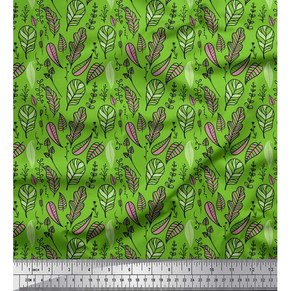 Soimoi Green polyester Crepe Fabric Artistic Leaves Decor Fabric Printed Yard 52 Inch Wide