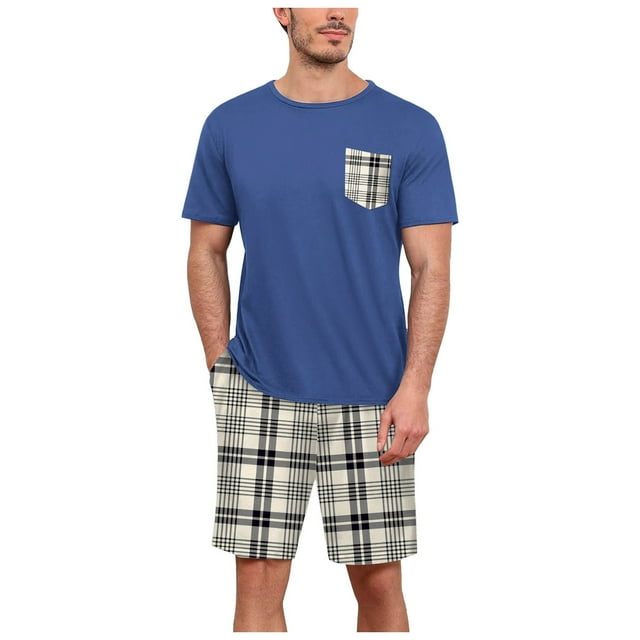 VBARHMQRT Pajamas Mens Funny Mens Summer Short Sleeved Shorts Pajamas Set Round Neck Short Sleeved Plaid Shorts Two Piece T Shirt with Chest Pocket Pajamas Home Wear Set