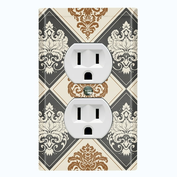 Metal Light Switch Plate Outlet Cover (Damask Diamond Dark Two Tone Tan Pattern - Single Duplex)