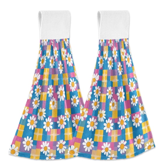 Yayeee Kitchen Hanging Hand Towels Set of 2 with Loop Bathroom Absorbent Tie Towel, Blue Checkered Daisy