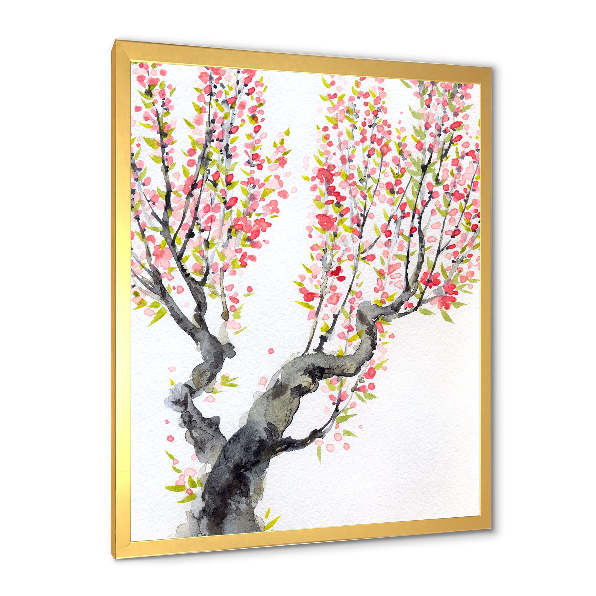 Red Spring Flowers On Tree Branches 30 in x 40 in Framed Painting Canvas Art Print, by Designart