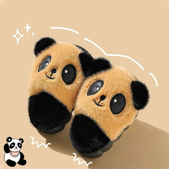 Tfken Slippers For Girls Kids No Cartoon Print Fuzzy Plush Closed Heel Khaki Sandal Size 2-3 Years