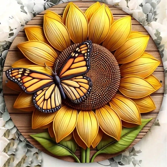 HELLOYOUNG 8x8" Sunflower Butterfly Metal Wall Art, Rustproof Waterproof Outdoor Decor for Home Cafe Garden, Halloween Christmas New Year Gift