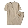 thumbnail image 2 of Men's 2 Piece Linen Set Short Sleeve Casual Outfit Matching Short Sleeve Button Down & Shorts Linen Cotton Fashion Trendy Streetwear Summer Beach Vacation | Zenithor,Khaki L, 2 of 8