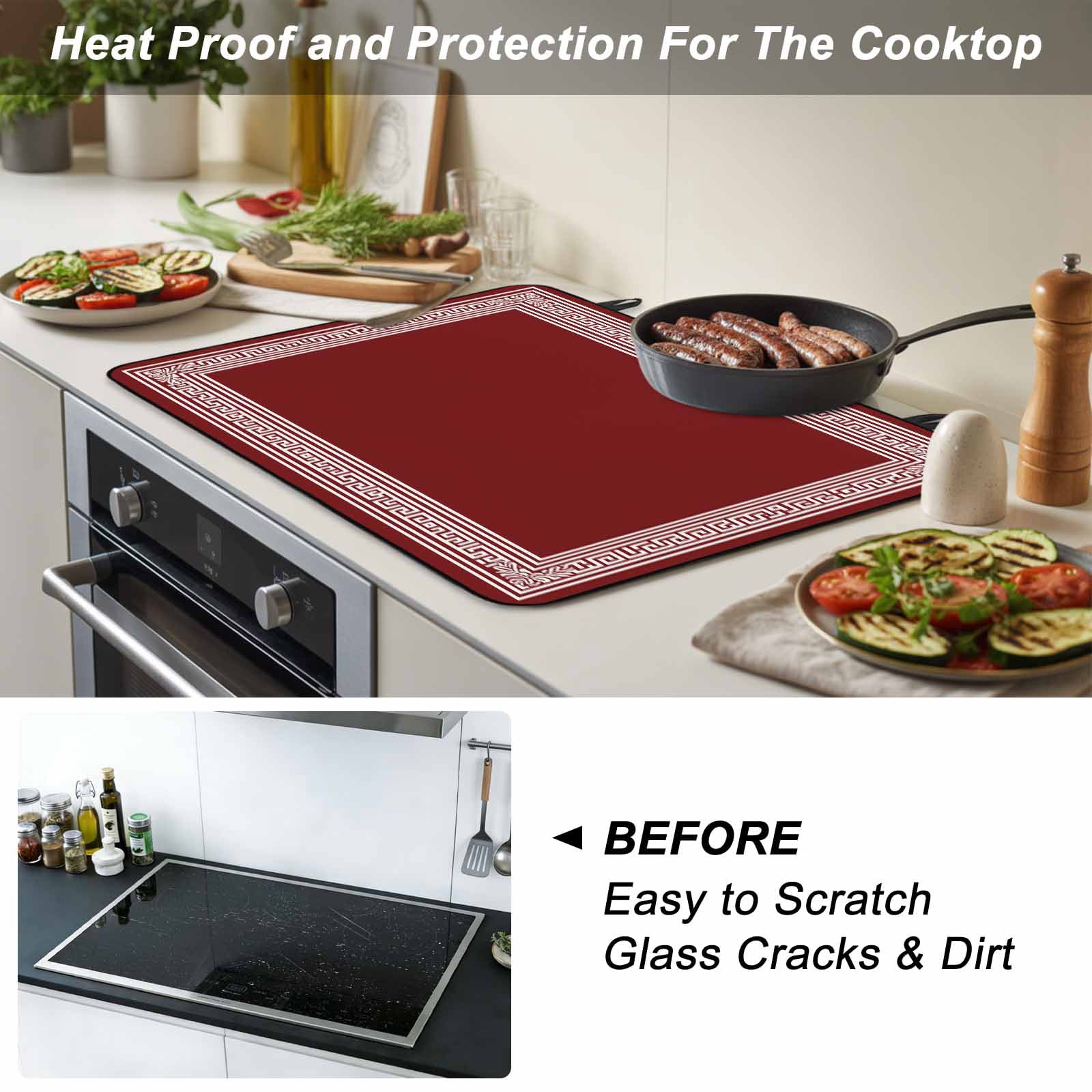 Red Geometric Stove Top Cover for Electric Stove, Heat-proof & Non Slip Glass Top Stove Cover Protector, Country Farm Traditional Chinese Tile Kitchen Flat Cooktop Rubber Mat 28.5x20.5 Inches
