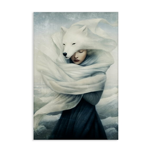 Stupell Industries Wolf Swathed Woman People Painting Wrapped Canvas Art Print Wall Art, 16 x 24