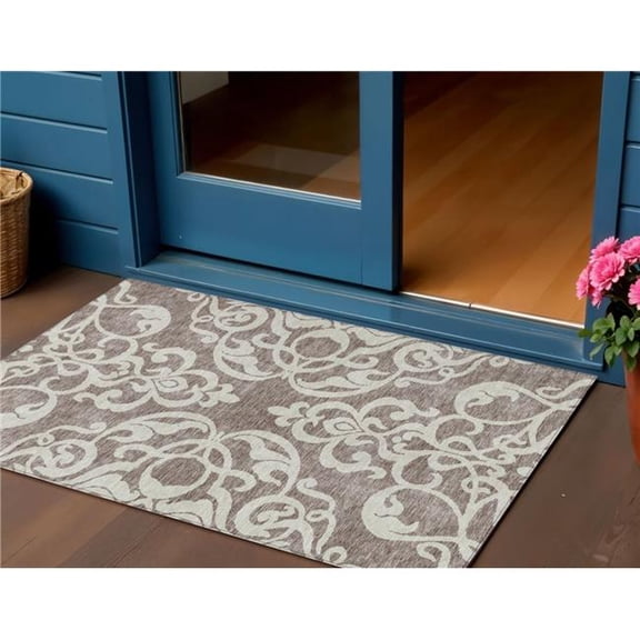 HomeRoots 614461 3 x 5 ft. Taupe & Ivory Damask Washable Indoor & Outdoor Rectangle Area Rug