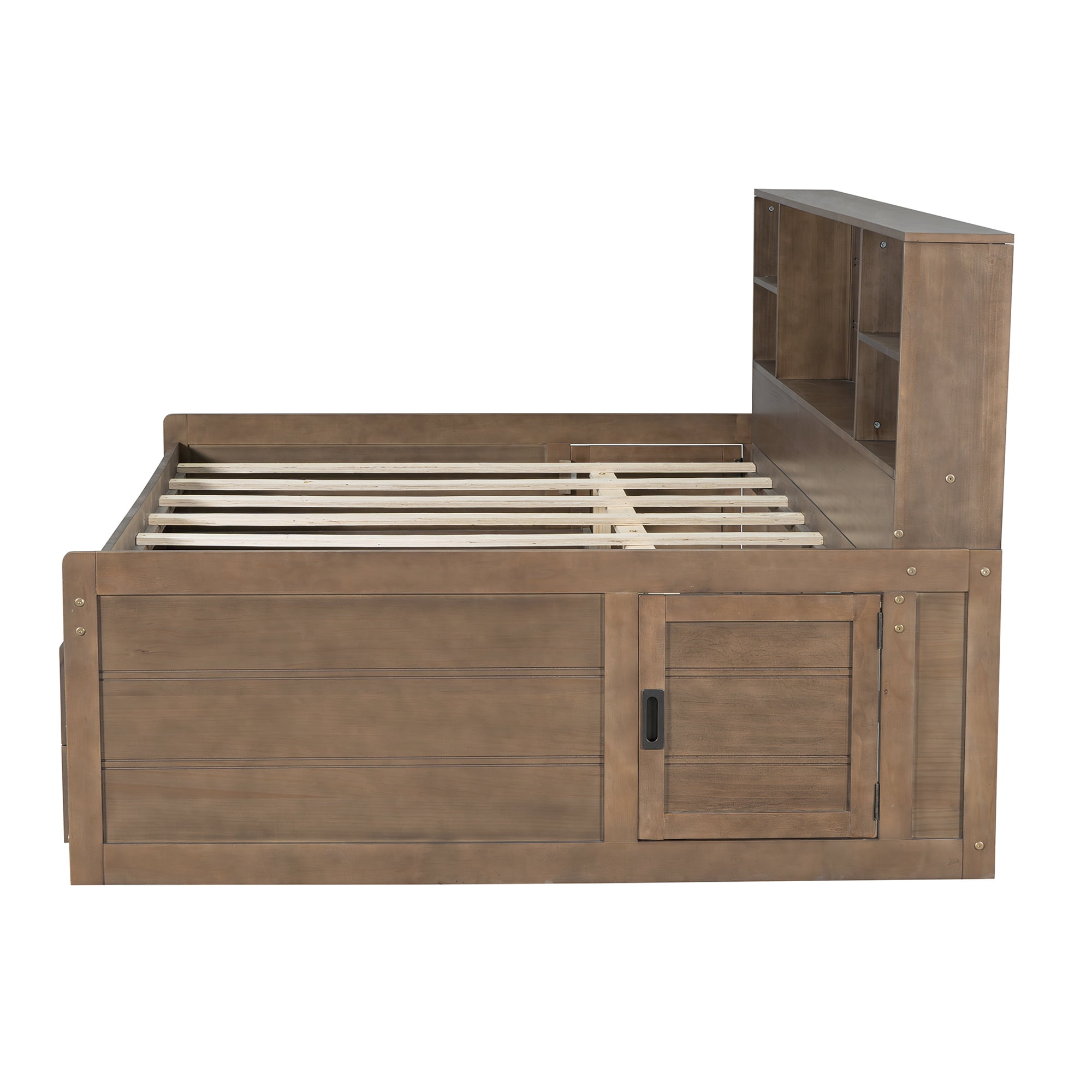 PORKISS Full Size Daybed, Wooden Captain Daybed with Storage Bookcase Headboard, Modern Captain’s Bed with Twin Size Trundle and Storage Drawers for Kids, Teens, No Box Spring Needed, Walnut