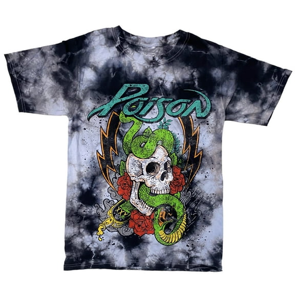 Poison Men's Officially Licensed Distressed Skull Tie Dye Heavy Metal Rock Tee T-Shirt (Small, Black/Gray Tie Dye)