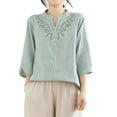 thumbnail image 2 of Neewe Womens Embroidery 3/4 Sleeve Tops Cotton Linen Shirts V Neck Lace Casual Loose Fit Blouses Boho Fashion, 2 of 8
