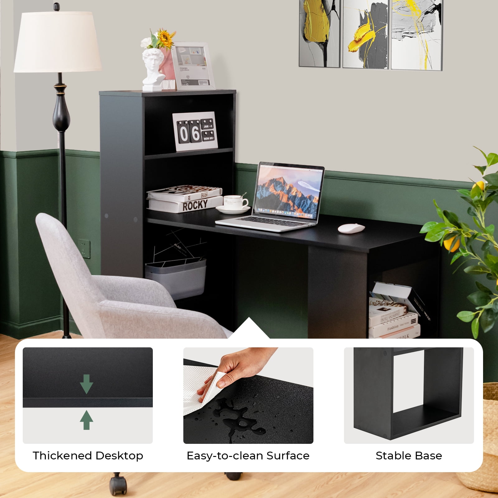 Topbuy 48 Inch Computer Desk with Bookshelf 3-in-1 Home office Desk with 4-Tier Bookcase & CPU Stand Space-saving Reversible Writing Desk Black