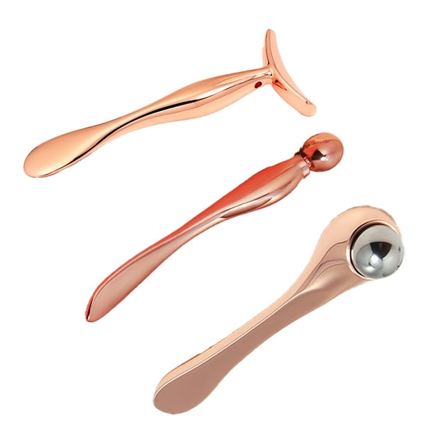 Rodillo aplicador de crema para ojos 3 en 1, de metal, con varilla masajeadora facial para ojos y rostro, reduce la hinchazón. Oro rosa.