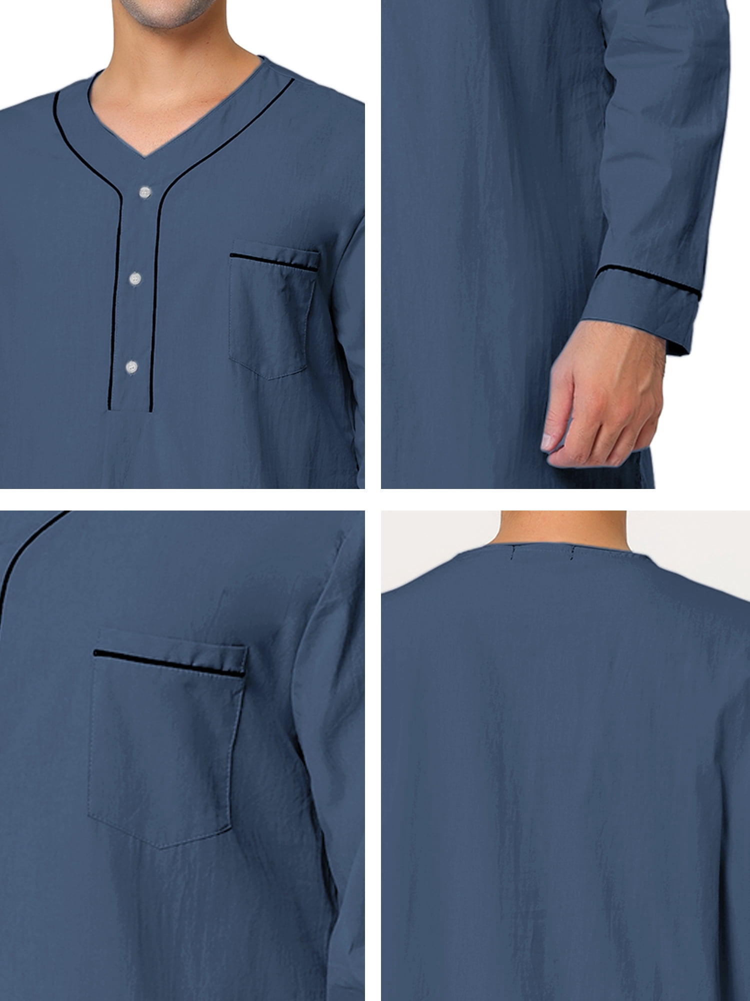 Unique Bargains Men's Nightshirt Cotton Sleep Shirt Long Sleeve Nightgown Sleepwear L Navy Blue