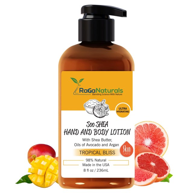 RaGaNaturals Loción Tropical Bliss de manteca de karité de mango con vitamina E de argán y aceite de aguacate, hidratante refrescante y nutritivo de 8 onzas líquidas