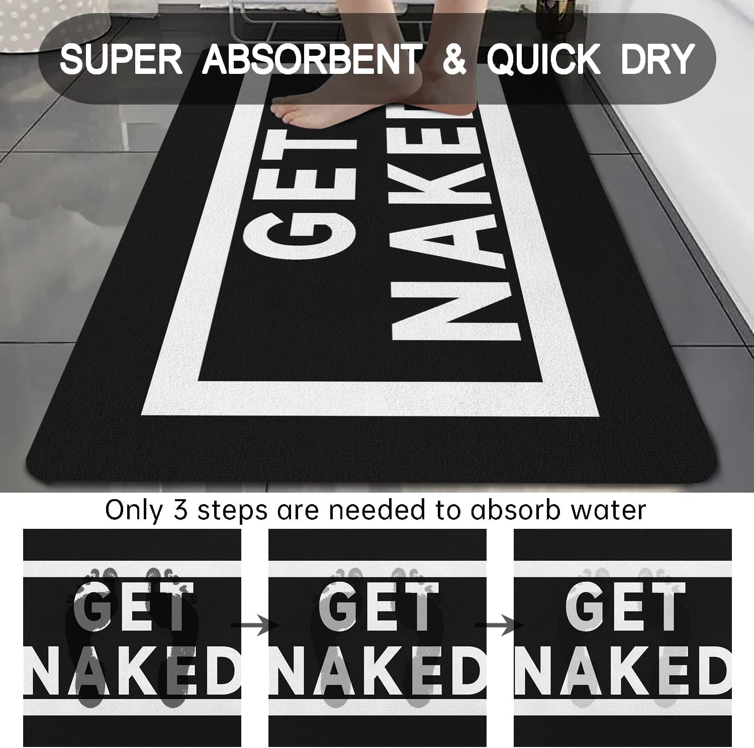 Black Bath Mat 20"x32" Non Slip Quick Dry Super Water Absorbent Floor Mat Rubber Backed Black and White Washable Thin Bathroom Rugs Fit Under Door
