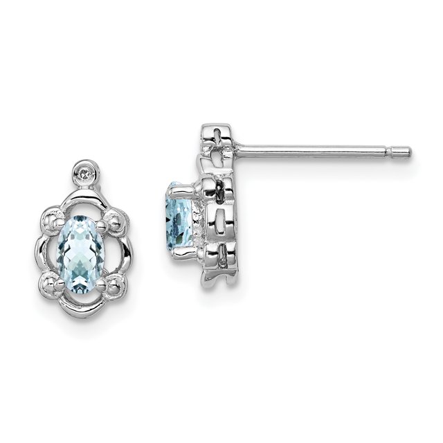 925 Sterling Silver Aquamarine Diamond Stud Earrings Ball Button Birthstone March