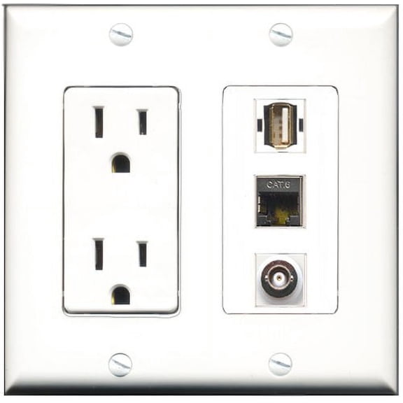 RiteAV - 15 Amp Power Outlet 1 Port USB A-A 1 Port Shielded Cat6 Ethernet Ethernet 1 Port BNC Decorative Wall Plate