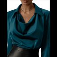thumbnail image 3 of Blusa Elegante de Satén de Seda para Mujer, con Cuello Vuelto, Fruncido en la Parte Delantera, Drapeada, Larga, para Oficina y Trabajo. Azul Pavo Real S, 3 of 6