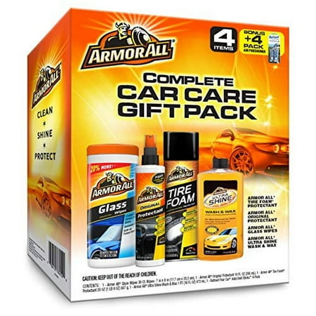 Armor All Car Wash and Cleaner Kit (4 Items) - 2pc Glass Wipes & Protectant with Wax & Wash Soap and Tire Shine Foam, 13703C