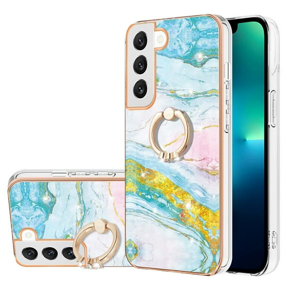 SaniMore for Samsung Galaxy S23 Plus 2023 Case with 360 Degree Rotating Metal Ring Shockproof TPU Backplane Marble Pattern Luxury Fashion Anti-drop Cover For Samsung Galaxy S23 Plus, Green/Pink