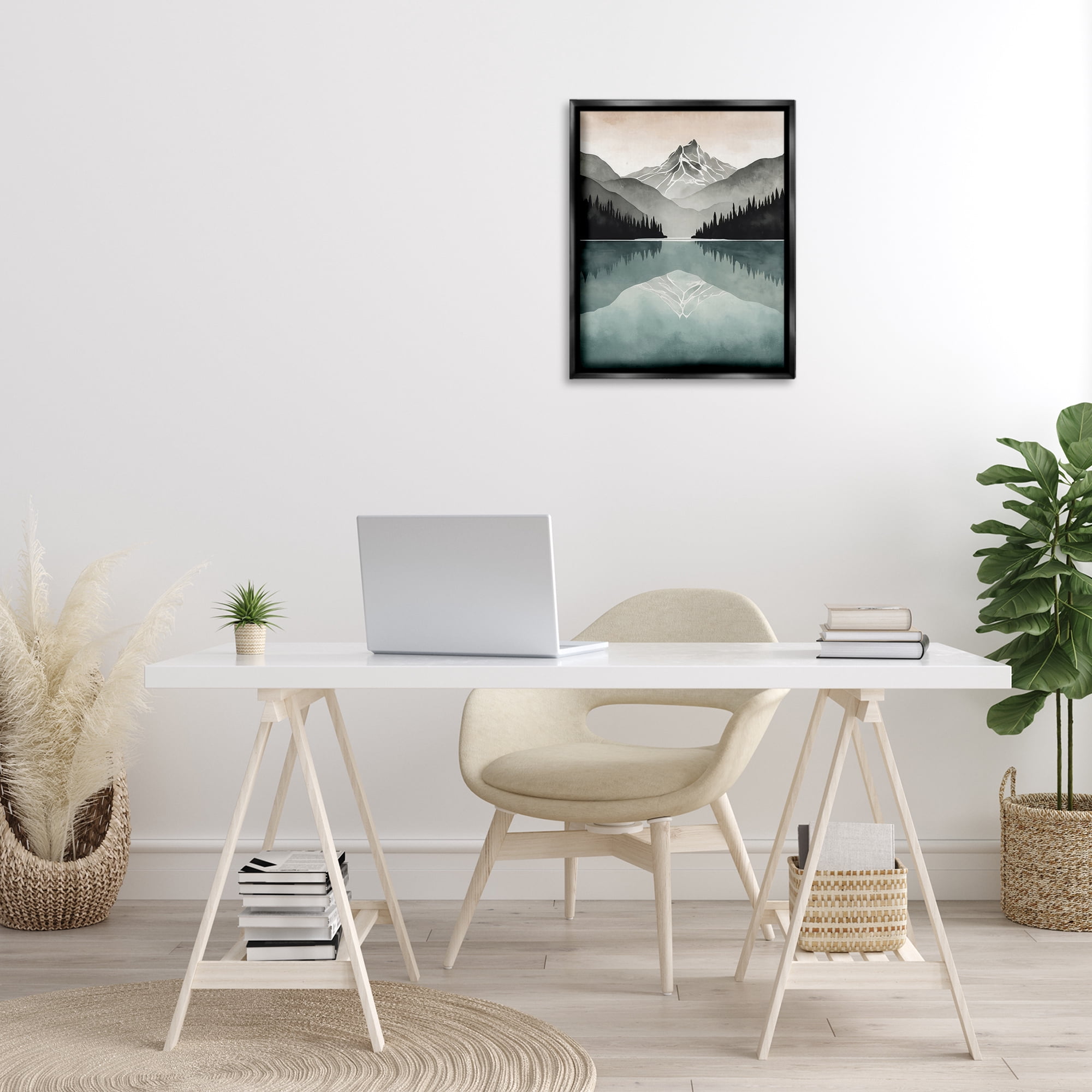 Stupell Industries Mountain Reflecting over Lake Landscape Painting Black Floater Framed Art Print Wall Art, 17 x 21