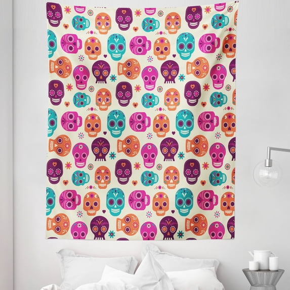 Sugar Skull Tapestry, Colorful Skull Silhouettes Hearts and Flowers Carnival Celebration Theme, Fabric Wall Hanging Decor for Bedroom Living Room Dorm, 5 Sizes, Multicolor, by Ambesonne