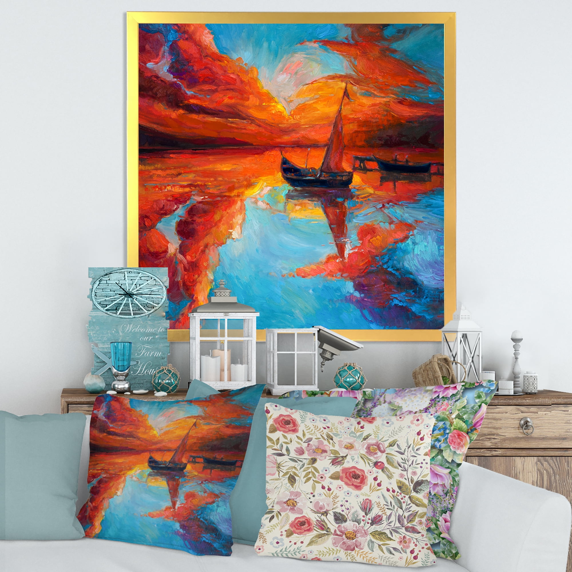 Little Boat During Warm Deep Red Evening Glow 36 in x 36 in Framed Painting Canvas Art Print, by Designart