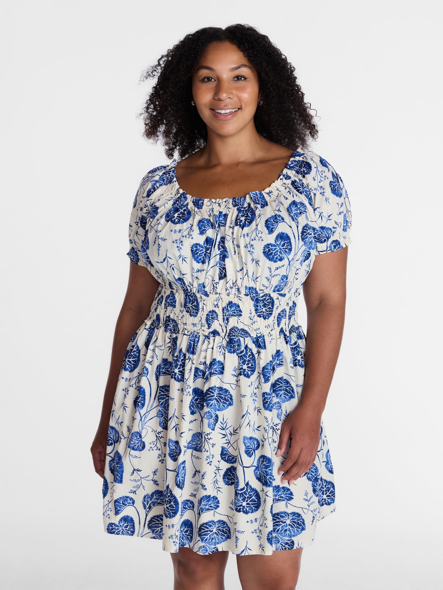 Time and Tru Women's and Women's Plus Peasant Mini Dress With Puff Sleeves, Sizes XS-4X