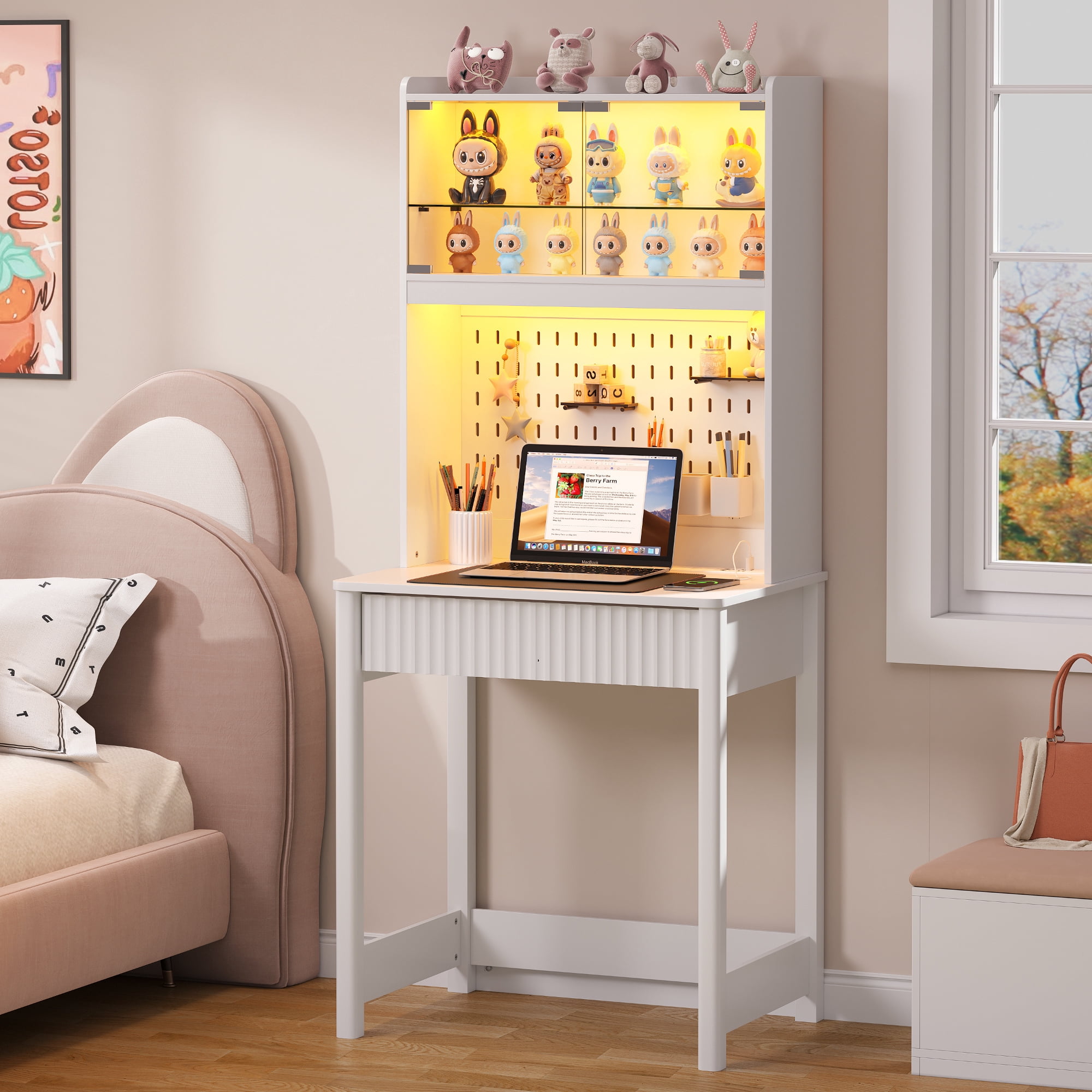 VKCC Small Computer Desk with LED Reading Light, Study Desk with Hutch and Charging Station, Writing Desk with Glass Doors for Study Room Office, White