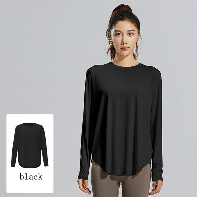 MHFRRA Camiseta deportiva de Yoga con Protección Solar, Manga Larga, Ligera, de Secado Rápido, para Senderismo y deportes. Negro