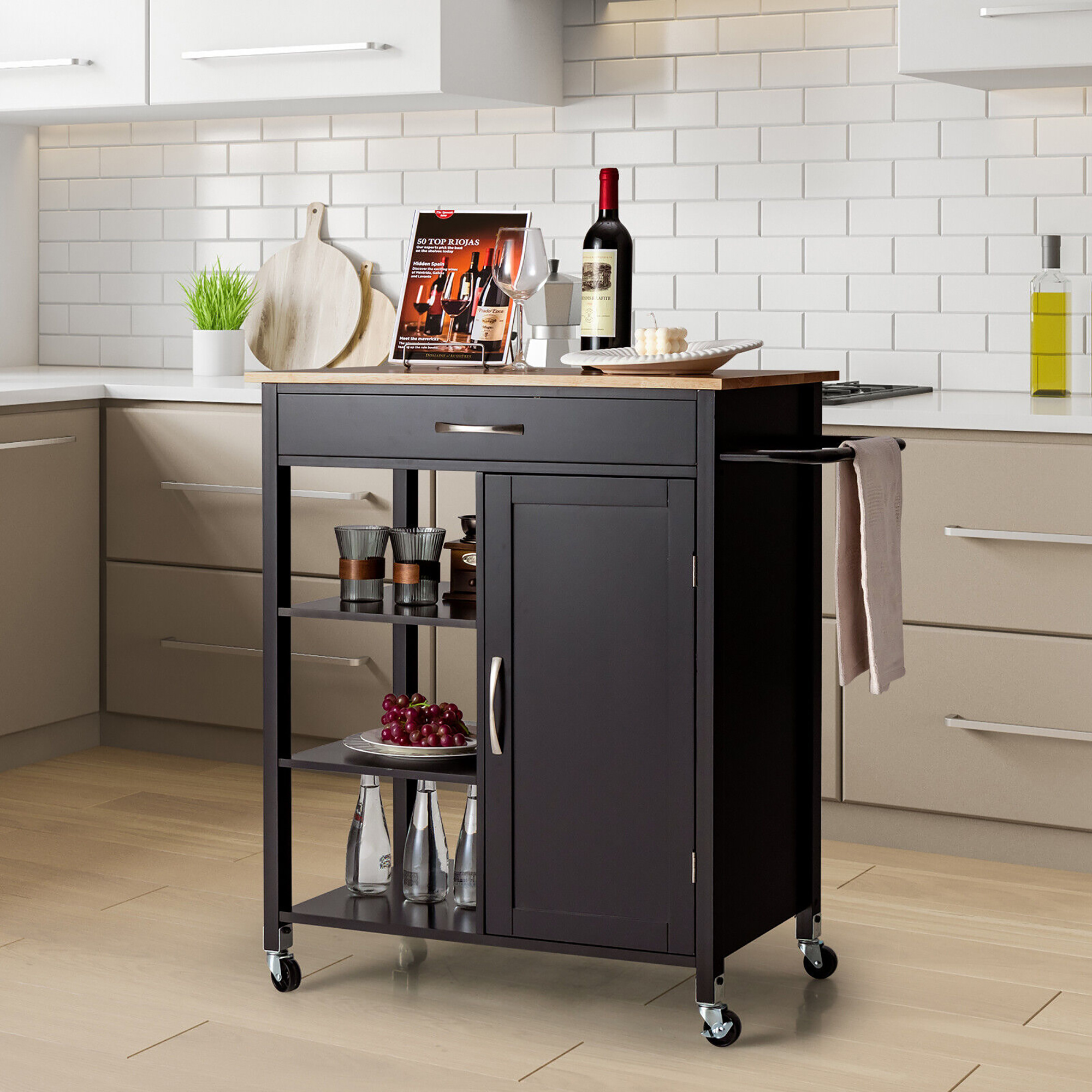 Gymax Mobile Kitchen Island Cart Serving Utility Trolley Drawer Shelf Towel Rack Brown