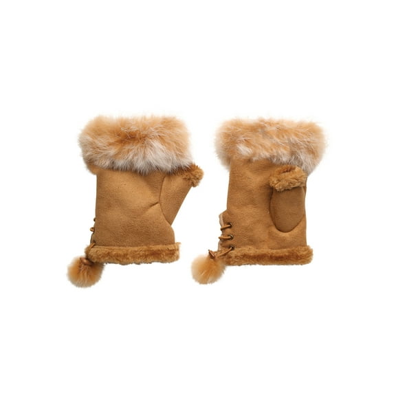 All Jazzed Up Women's Faux Suede & Fur Fingerless Winter Gloves, Lace Up Mittens - Camel
