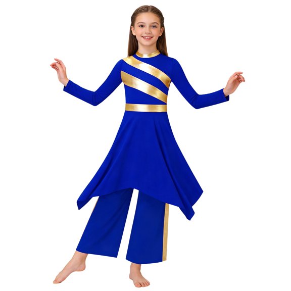 Doomiva Kids Girls Worship Praise Dance Dress Metallic Long Sleeve Outfit with Palazzo Pants Liturgical Church Robe Blue 6