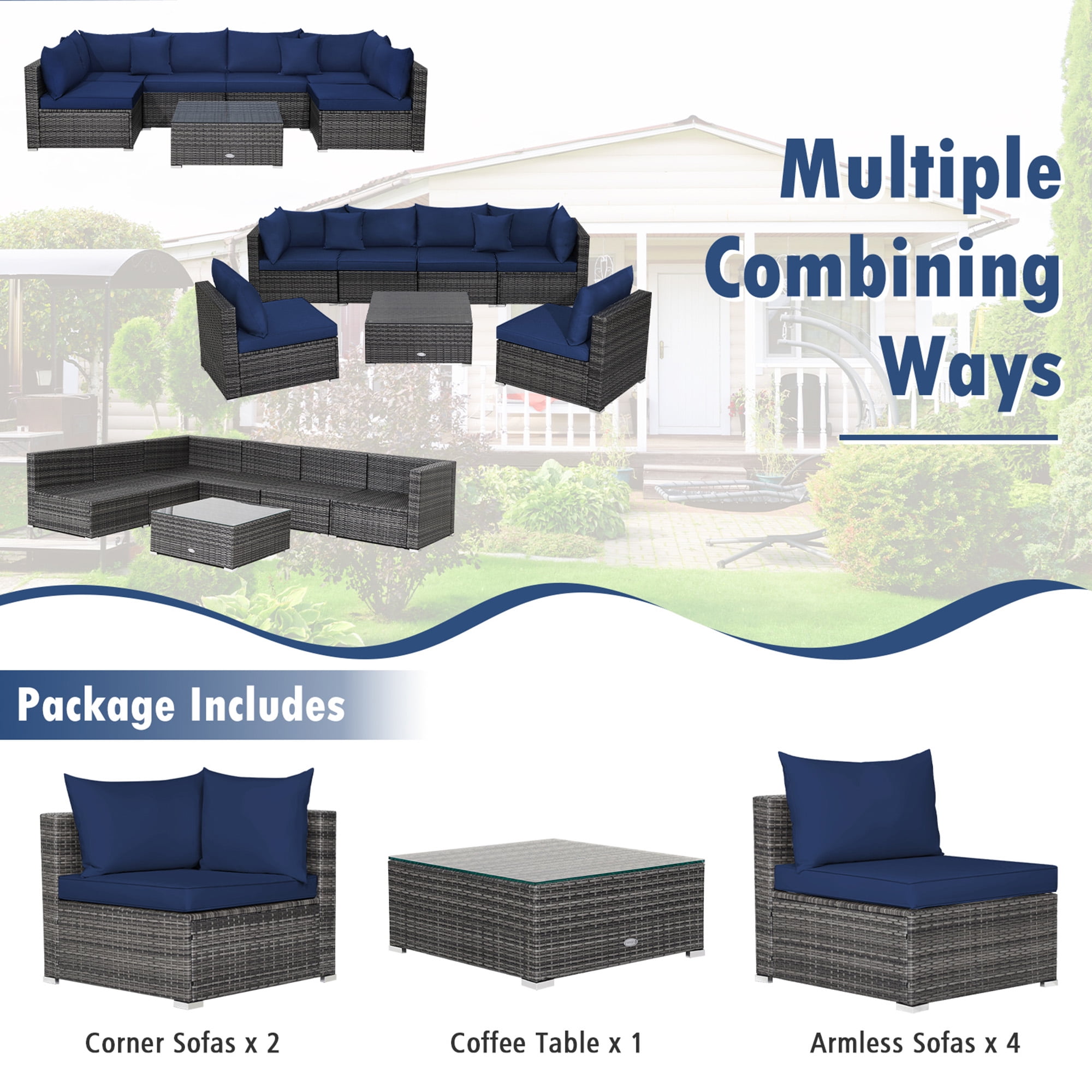 Gymax 7PCS Patio Rattan Sectional Sofa Set Outdoor Furniture Set w/ Navy Cushions