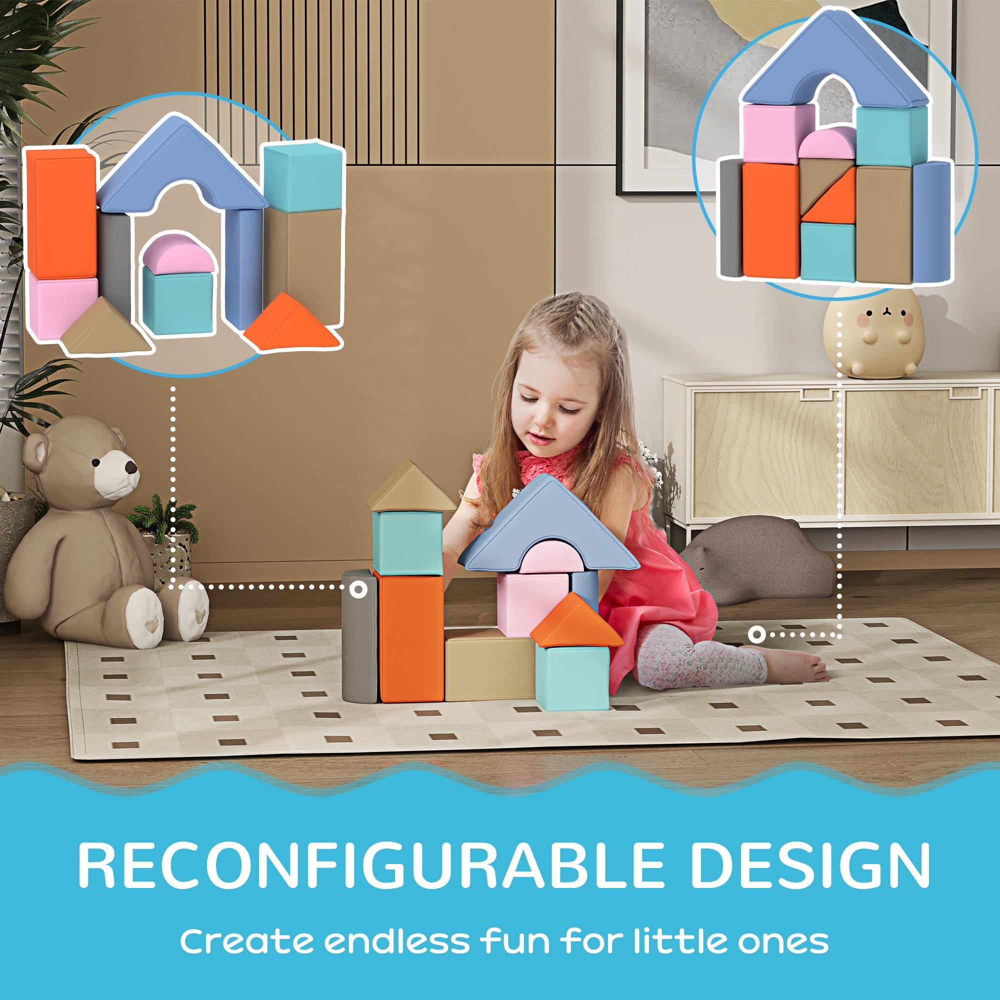 11-Piece Toddler Soft Play Foam Blocks, Transformable Indoor Soft Play Set for 6-72 Months, Color & Shape Learning Play Equipment ASTM Certified